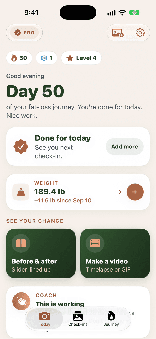 Bhoto's Today screen: day 50, the weight card and the Before & after and video tools